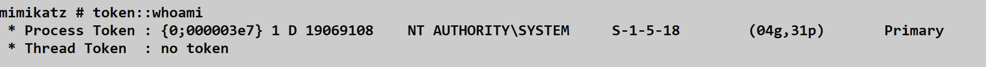 Token whoami output showing SYSTEM context