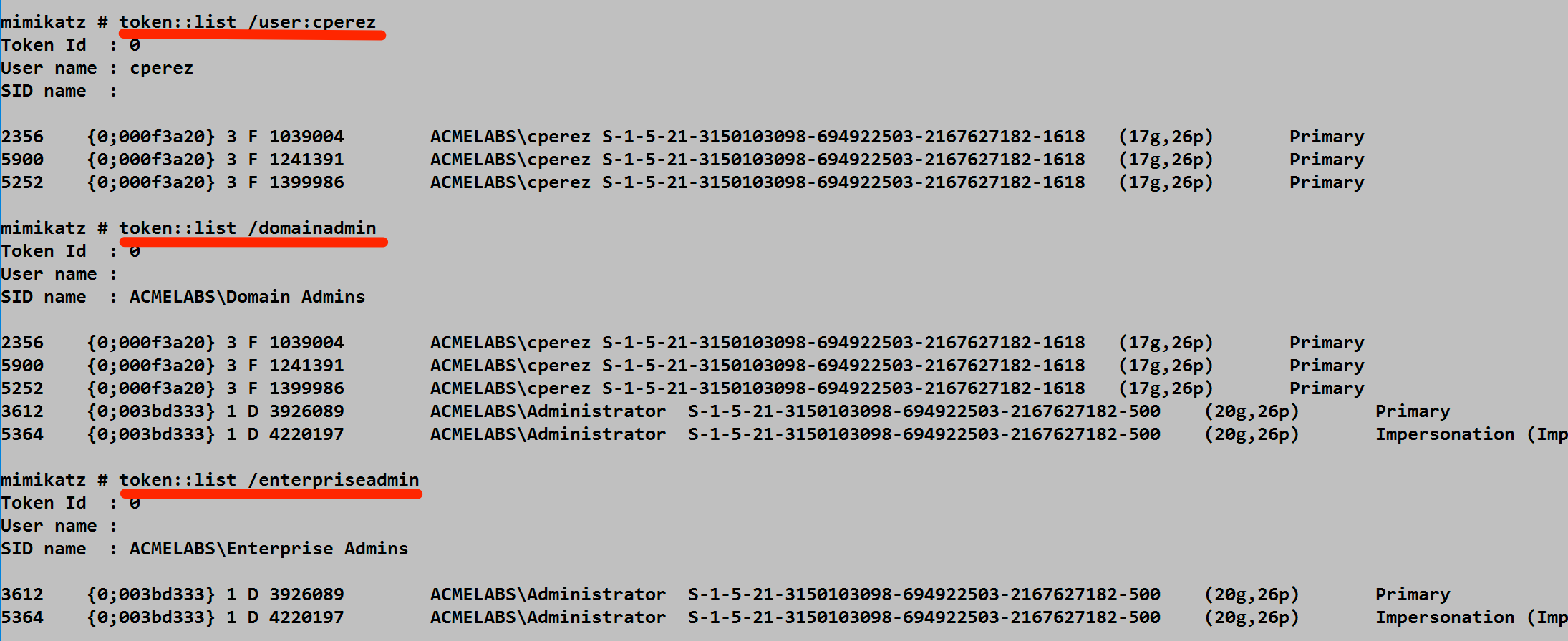 token::list with multiple filters showing Domain Admins and Enterprise Admins